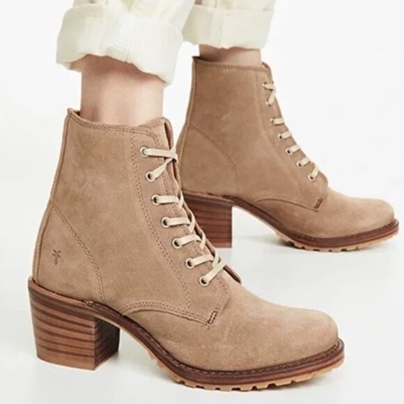 Frye Sabrina 6G Lace Up Beige Tan Leather Casual Dress Boots, Size 6.5 - Picture 1 of 16